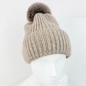 Norla Canada Taupe Alpaca Wool Fluffy Faux Fur Pompom Knit Beanie Hat